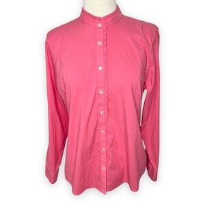 Lands' End Bright Barbie Pink Top Button Down Ruffle Mandarin Collar Long Sleeve